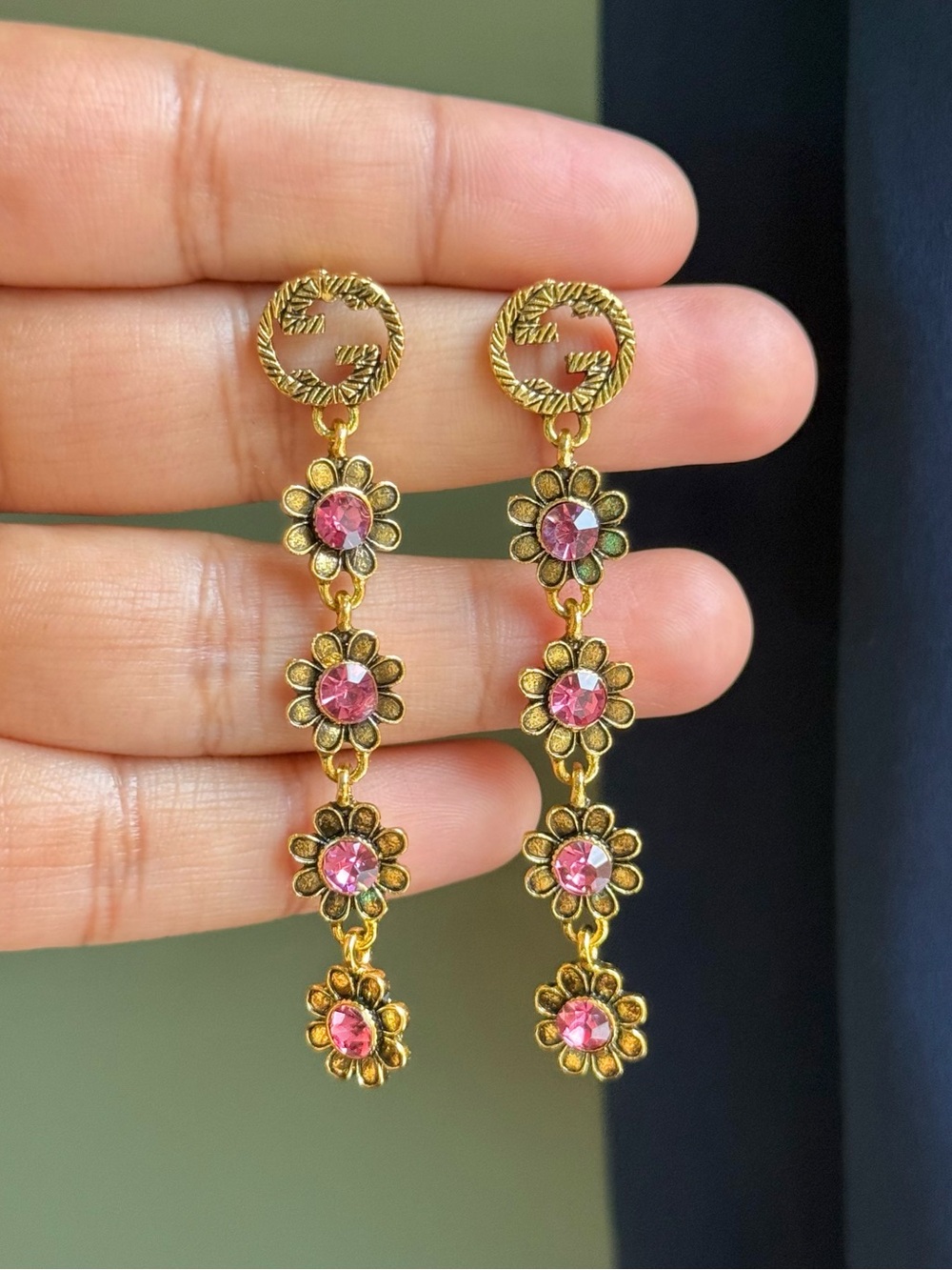 Gold-Tone Pink Flower Drop Earrings